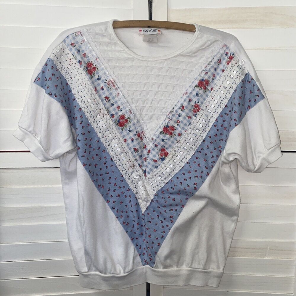 VINTAGE 80s 90S Act III White Blue Country Lace Gingham Shirt Size Medium USA
